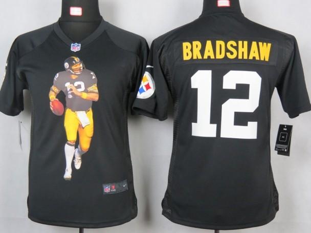 Kids Nike Pittsburgh Steelers 12 Bradshaw Black Portrait Fashion Game Jerseys Cheap