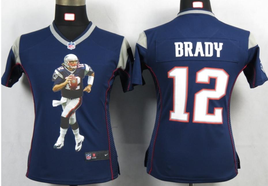 Cheap Womens Nike New England Patriots 12 Brady Blue Portrait Fashion Game Jerseys