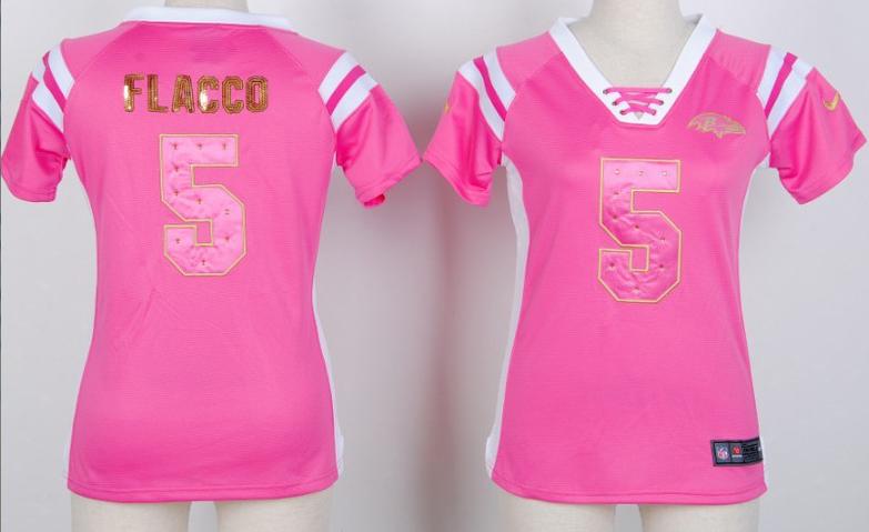 Cheap Women Nike Baltimore Ravens 5 Joe Flacco Pink Handwork Sequin Name Fashion NFL Jerseys