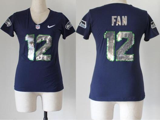 Cheap Women Nike Seattle Seahawks 12 Fan Blue Handwork Sequin lettering Fashion NFL Jerseys