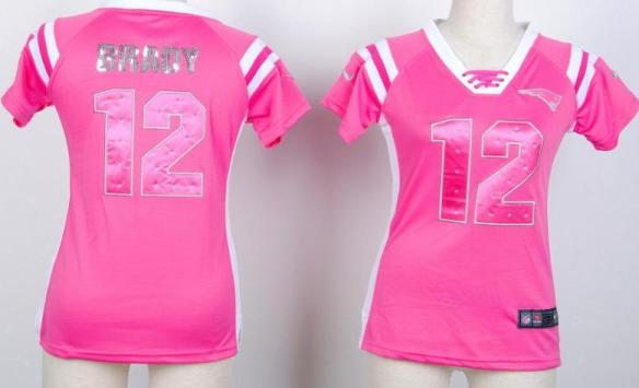 Cheap Women Nike New England Patriots 12 Tom Brady Pink Handwork Sequin Name Fashion NFL Jerseys