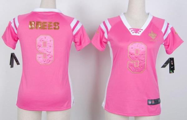 Cheap Women Nike New Orleans Saints 9 Drew Brees Pink Handwork Sequin Name Fashion NFL Jerseys