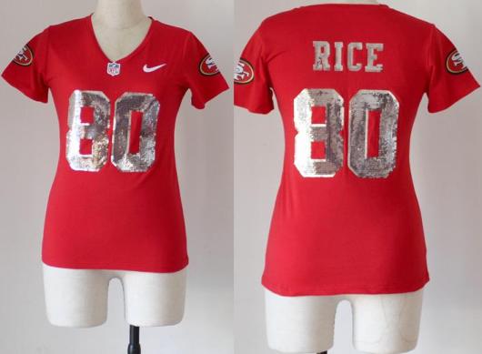 Cheap Women Nike San Francisco 49ers 80 Jerry Rice Red Handwork Sequin lettering Fashion NFL Jerseys