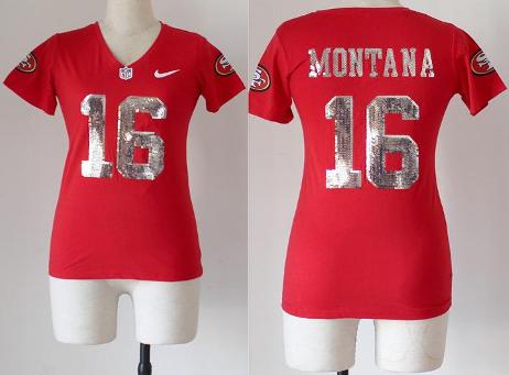 Cheap Women Nike San Francisco 49ers 16 Joe Montana Red Handwork Sequin lettering Fashion NFL Jerseys