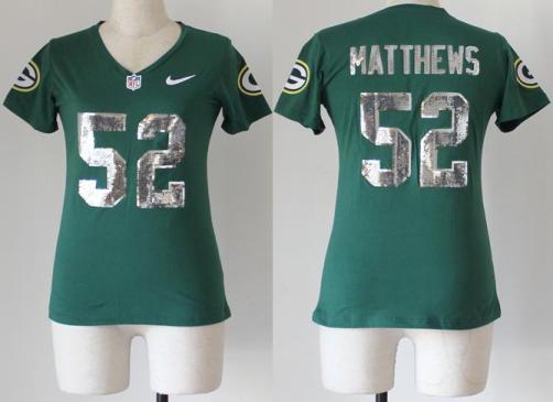 Cheap Women Nike Green Bay Packers 52 Matthews Green Handwork Sequin lettering Fashion NFL Jerseys