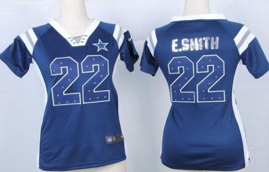 Cheap Women Nike Dallas Cowboys 22 E.SMITH Blue Handwork Sequin Name Fashion NFL Jersey