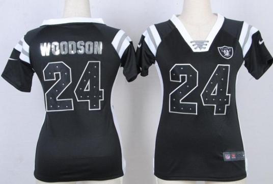 Cheap Women Nike Oakland Raiders 24 Charles Woodson Black Handwork Sequin Name Fashion NFL Jersey