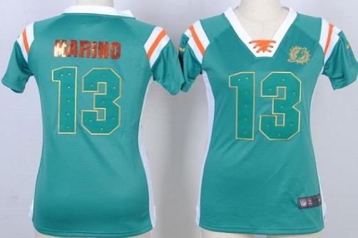 Cheap Women Nike Miami Dolphins 13 Dan Marino Green Handwork Sequin Name Fashion NFL Jersey