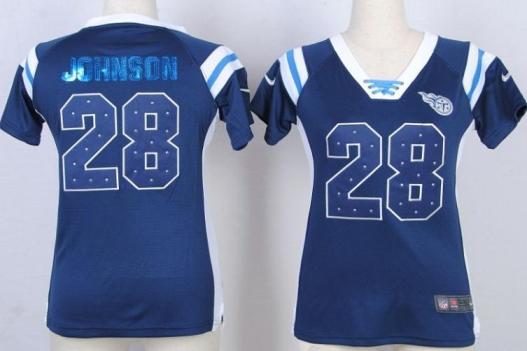 Cheap Women Nike Tennessee Titans 28 Chris Johnson Blue Handwork Sequin Name Fashion NFL Jersey