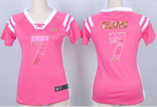 Cheap Women Nike Denver Broncos 7 John Elway Pink Handwork Sequin Name Fashion NFL Jersey