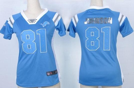 Cheap Women Nike Detroit Lions 81 Calvin Johnson Blue Handwork Sequin Name Fashion NFL Jersey