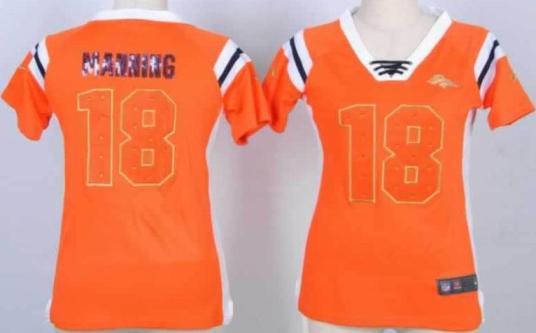 Cheap Women Nike Denver Broncos 18 Peyton Manning Orange Handwork Sequin Name Fashion NFL Jersey