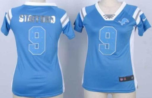 Cheap Women Nike Detroit Lions 9 Matthew Stafford Blue Handwork Sequin Name Fashion NFL Jersey