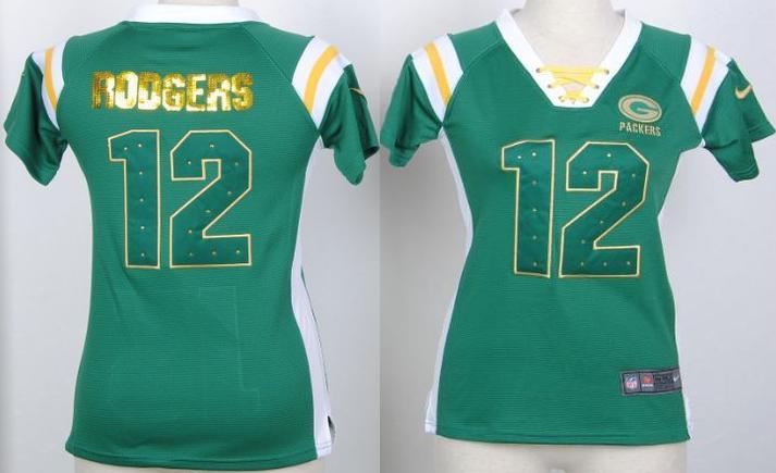 Cheap Women Nike Green Bay Packers 12 Aaron Rodgers Green Handwork Sequin Name Fashion NFL Jerseys
