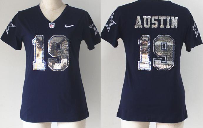 Cheap Women Nike Dallas Cowboys 19 Miles Austin Blue Handwork Sequin lettering Fashion NFL Jerseys