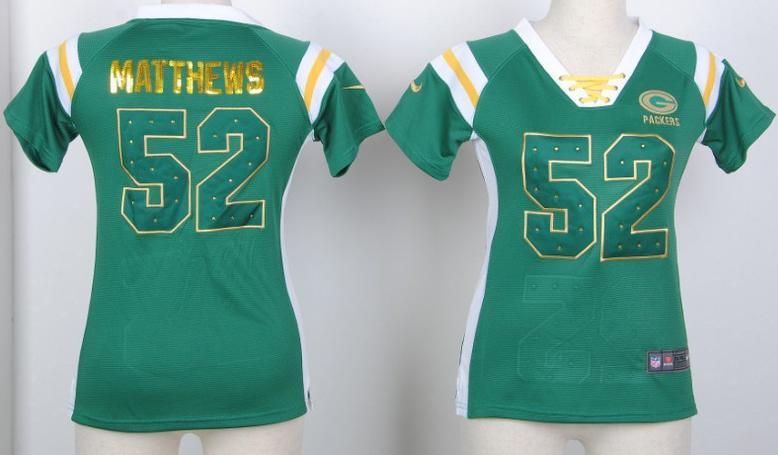 Cheap Women Nike Green Bay Packers 52 Clay Matthews Green Handwork Sequin Name Fashion NFL Jerseys