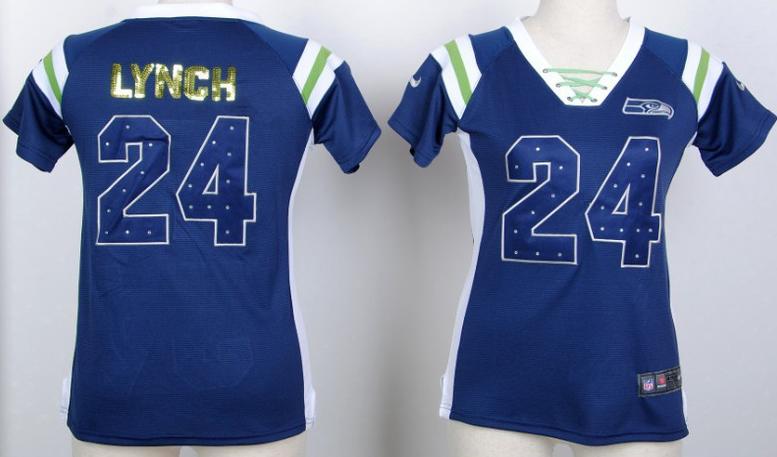 Cheap Women Nike Seattle Seahawks 24 Marshawn Lynch Blue Handwork Sequin Name Fashion NFL Jerseys