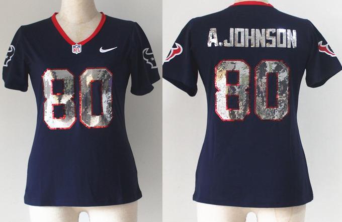 Cheap Women Nike Houston Texans 80 Andre Johnson Blue Handwork Sequin lettering Fashion NFL Jerseys