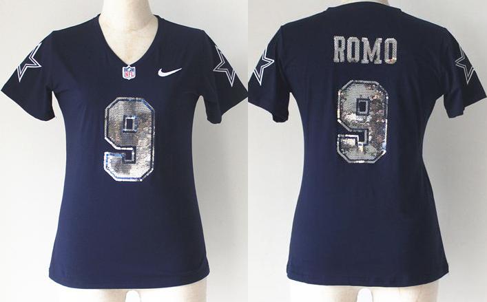 Cheap Women Nike Dallas Cowboys #9 Tony Romo Blue Handwork Sequin lettering Fashion NFL Jerseys