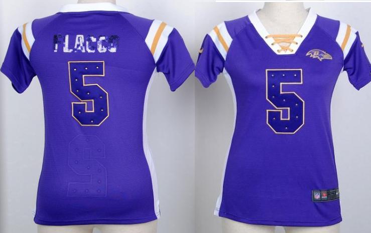 Cheap Women Nike Baltimore Ravens 5 Joe Flacco Purple Handwork Sequin Name Fashion NFL Jerseys