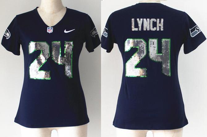 Cheap Women Nike Seattle Seahawks 24 Marshawn Lynch Blue Handwork Sequin lettering Fashion NFL Jerseys