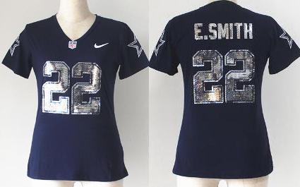 Cheap Women Nike Dallas Cowboys 22 E.SMITH Blue Handwork Sequin lettering Fashion NFL Jerseys