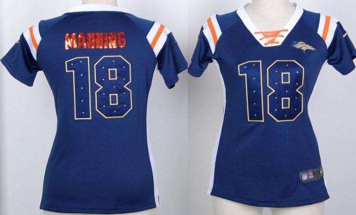 Cheap Women Nike Denver Broncos 18 Peyton Manning Blue Handwork Sequin Name Fashion NFL Jerseys