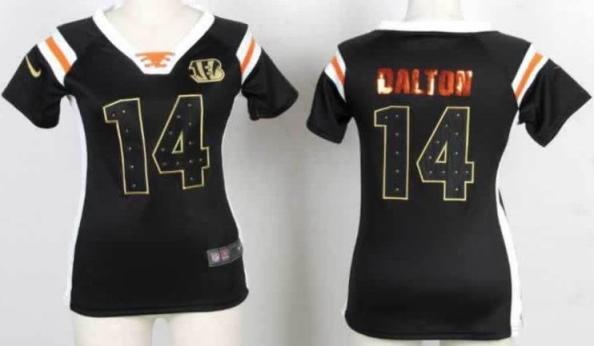 Cheap Women Nike Cincinnati Bengals 14 Andy Dalton Black Handwork Sequin Name Fashion NFL Jerseys