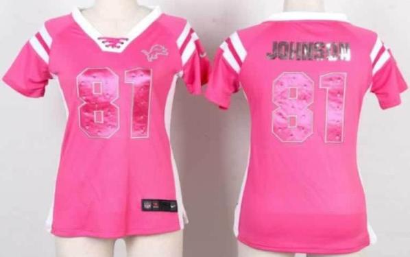 Cheap Women Nike Detroit Lions 81 Calvin Johnson Pink Handwork Sequin Name Fashion NFL Jerseys