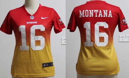 Cheap Women Nike San Francisco 49ers 16 Joe Montana Red Gold Drift Fashion II Elite NFL Jerseys