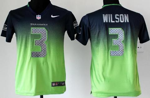 Kids Nike Seattle Seahawks 3 Russell Wilson Blue Green Drift Fashion II Elite NFL Jerseys Cheap