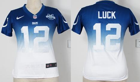 Cheap Women Nike Indianapolis Colts 12 Andrew Luck Blue White Drift Fashion II Elite 30th Seasons Patch NFL Jersey