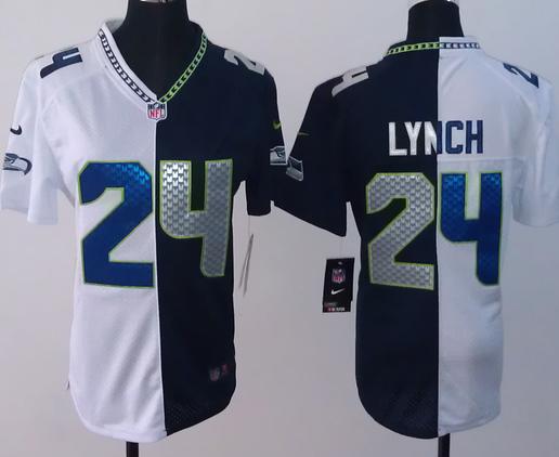 Cheap Women Nike Seattle Seahawks 24# Marshawn Lynch White Blue Split NFL Jerseys
