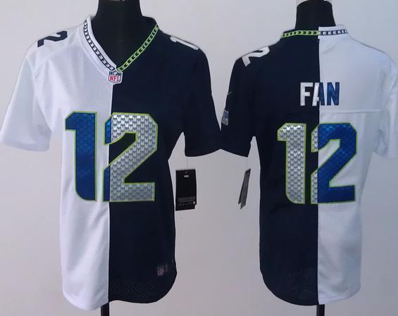 Cheap Women Nike Seattle Seahawks 12# Fan White Blue Split NFL Jerseys