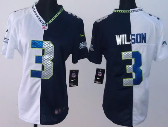 Cheap Women Nike Seattle Seahawks #3 Russell Wilson White Blue Split NFL Jerseys