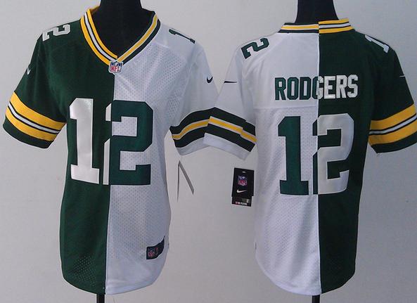 Cheap Women Nike Green Bay Packers #12 Aaron Rodgers Green White Split NFL Jerseys