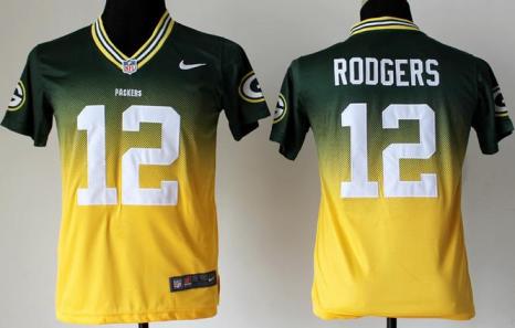 Kids Nike Green Bay Packers 12 Aaron Rodgers Green Yellow Drift Fashion II Elite NFL Jerseys Cheap