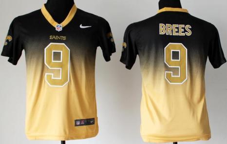 Kids Nike New Orleans Saints 9 Drew Brees Black Gold Drift Fashion II Elite NFL Jerseys Cheap