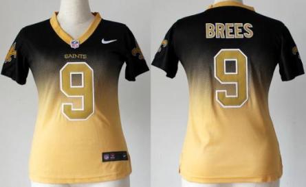 Cheap Womens Nike New Orleans Saints 9 Drew Brees Black Gold Drift Fashion II Elite NFL Jerseys
