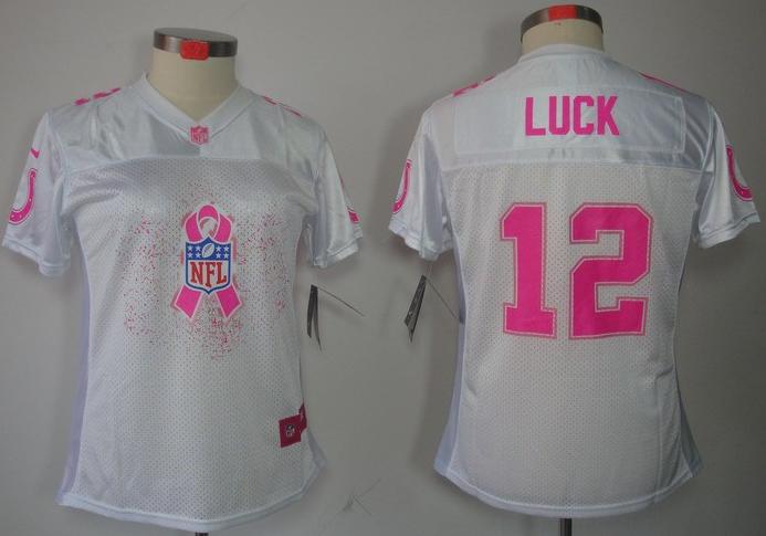 Cheap Women Nike Indianapolis Colts 12# Andrew Luck White Breast Cancer Awareness Fashion Jersey