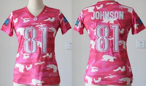 Cheap Women Nike Detroit Lions 81 Calvin Johnson Pink Camo Fashion NFL Jerseys 2013 New
