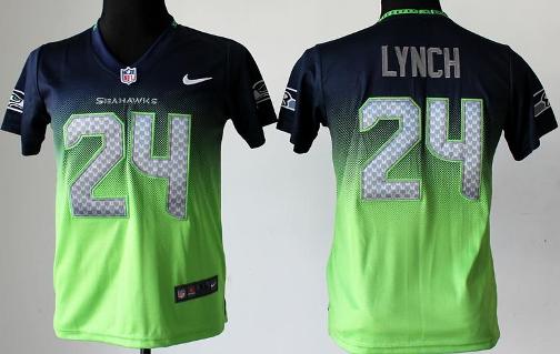 Kids Nike Seattle Seahawks 24 Marshawn Lynch Blue Green Elite Drift Fashion II NFL Jerseys Cheap