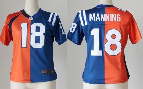 Cheap Women Nike Indianapolis Colts Denver Broncos 18 Peyton Manning Blue Orange Split Elite NFL Jerseys