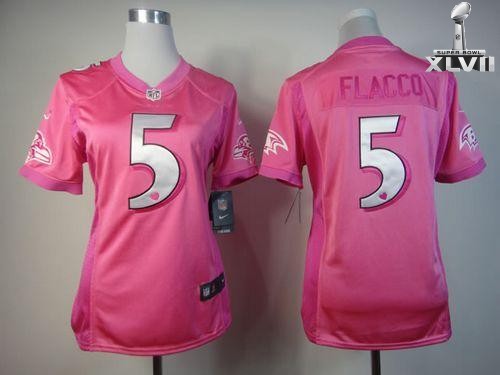 Cheap Women Nike Baltimore Ravens 5 Joe Flacco Pink Be Luv D Fashion 2013 Super Bowl NFL Jersey