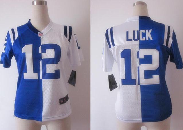 Cheap Women Nike Indianapolis Colts 12# Andrew Luck White Blue Split Elite NFL Jerseys