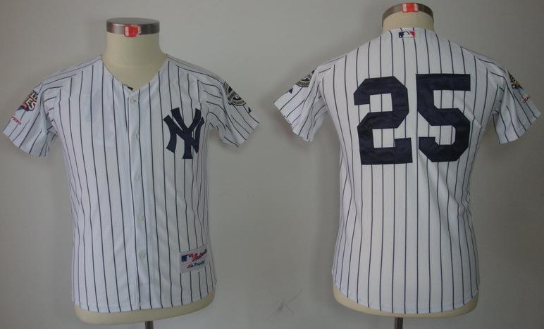 Kids New York Yankees 25 Mark Teixeira White(Black Strip) MLB Jerseys 2009 World Series Patch Cheap