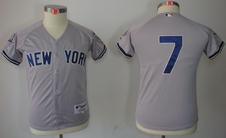 Kids New York Yankees 7 Mickey Mantle Grey MLB Jerseys 2009 World Series Patch Cheap