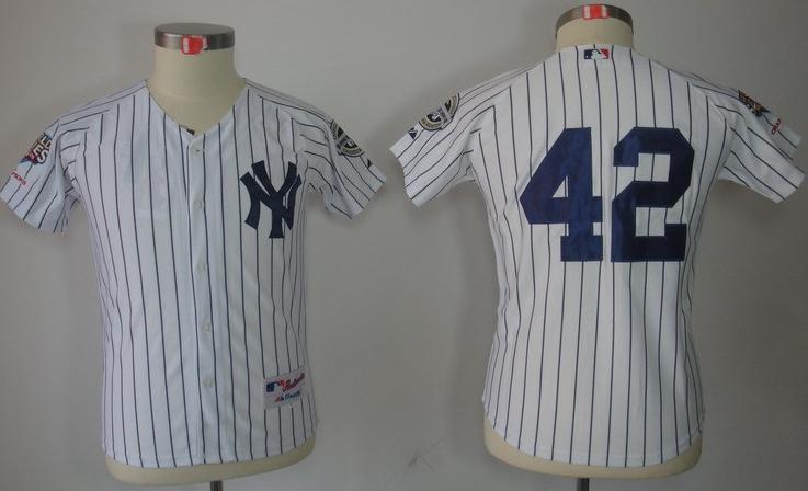 Kids New York Yankees 42 Mariano River White(Black Strip) MLB Jerseys 2009 World Series Patch Cheap
