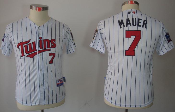 Kids Minnesota Twins 7 Joe Mauer White(Black Strip) MLB Jerseys Cheap