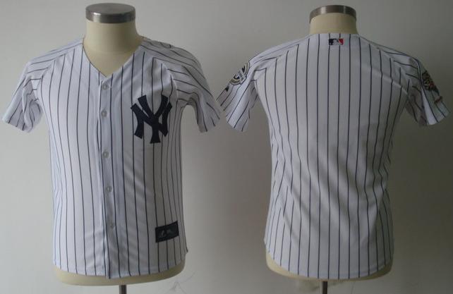 Kids New York Yankees Blank White(Black Strip) MLB Jerseys 2009 World Series Patch Cheap
